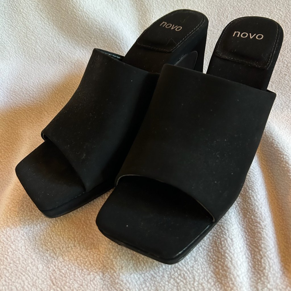 Novo Black Velvet Freyah Open Square Toe High Block Heel Mules, Size 7